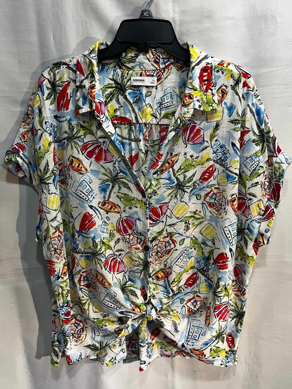Sonoma Tropical Print Cap Sleeve Button Up Shirt Linen Blend Size XL
